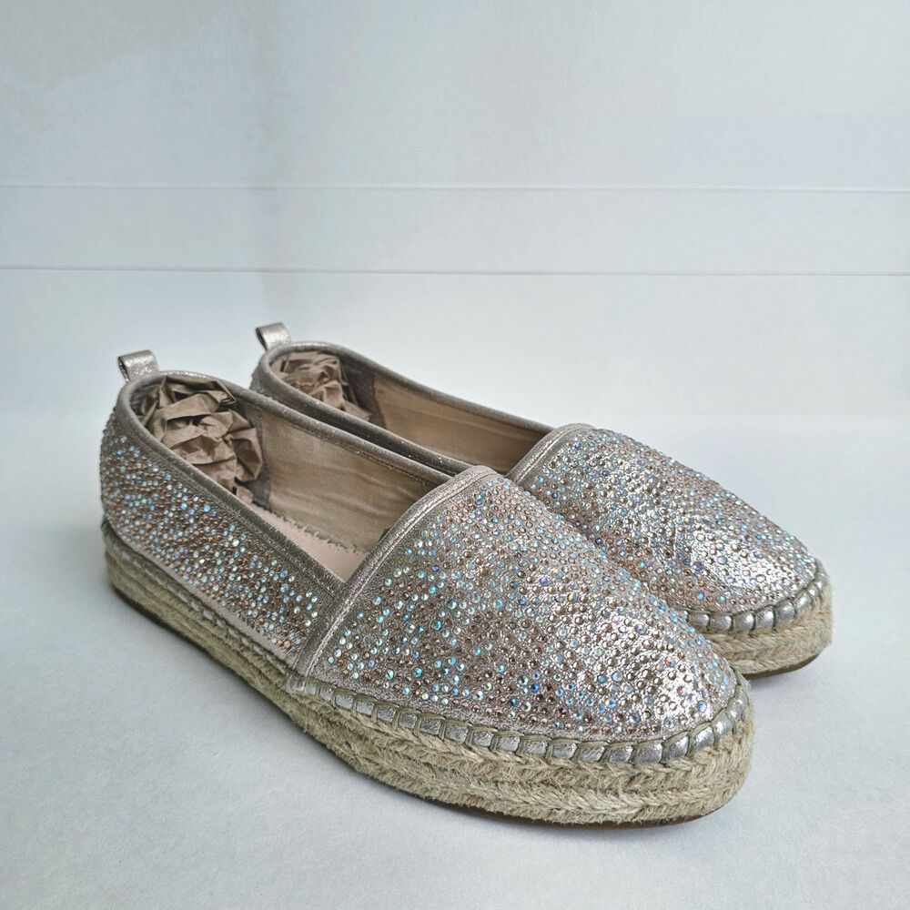 INC Espadrille Flats Rhinestone Caleyy Size 9 Metallic Tan Sparkle Slip On Shoes - Picture 2 of 12